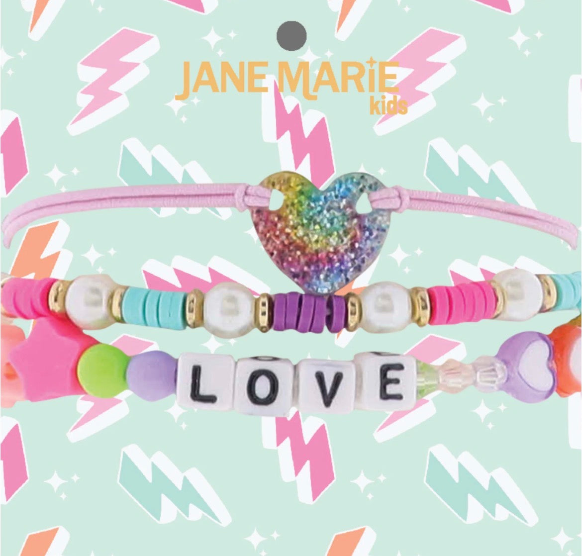 Kids Set of 3, Rubber Disk Strand, Light Pink Rope Strand, Beaded "Love" & Glitter Heart Bracelet - Jane Marie
