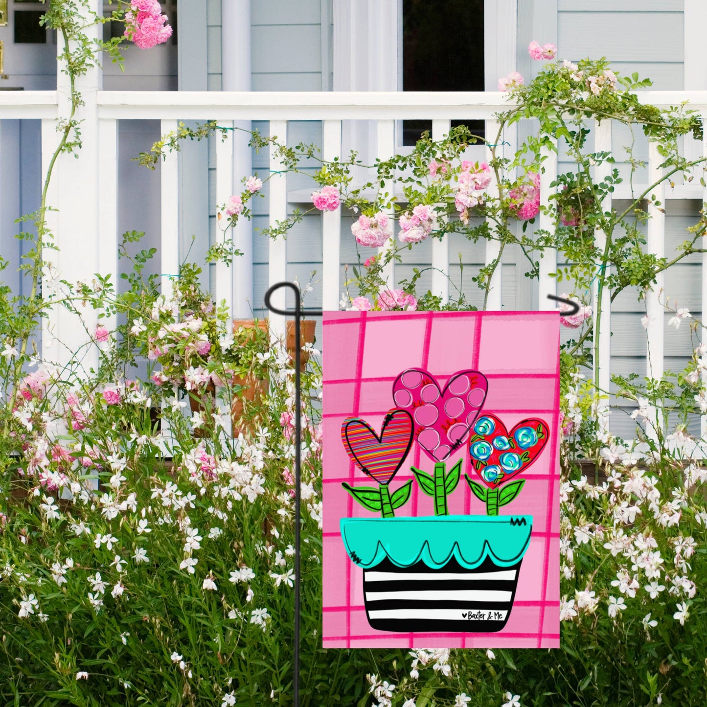 Pink Heart Flower Pot Garden Flag - Baxter & Me