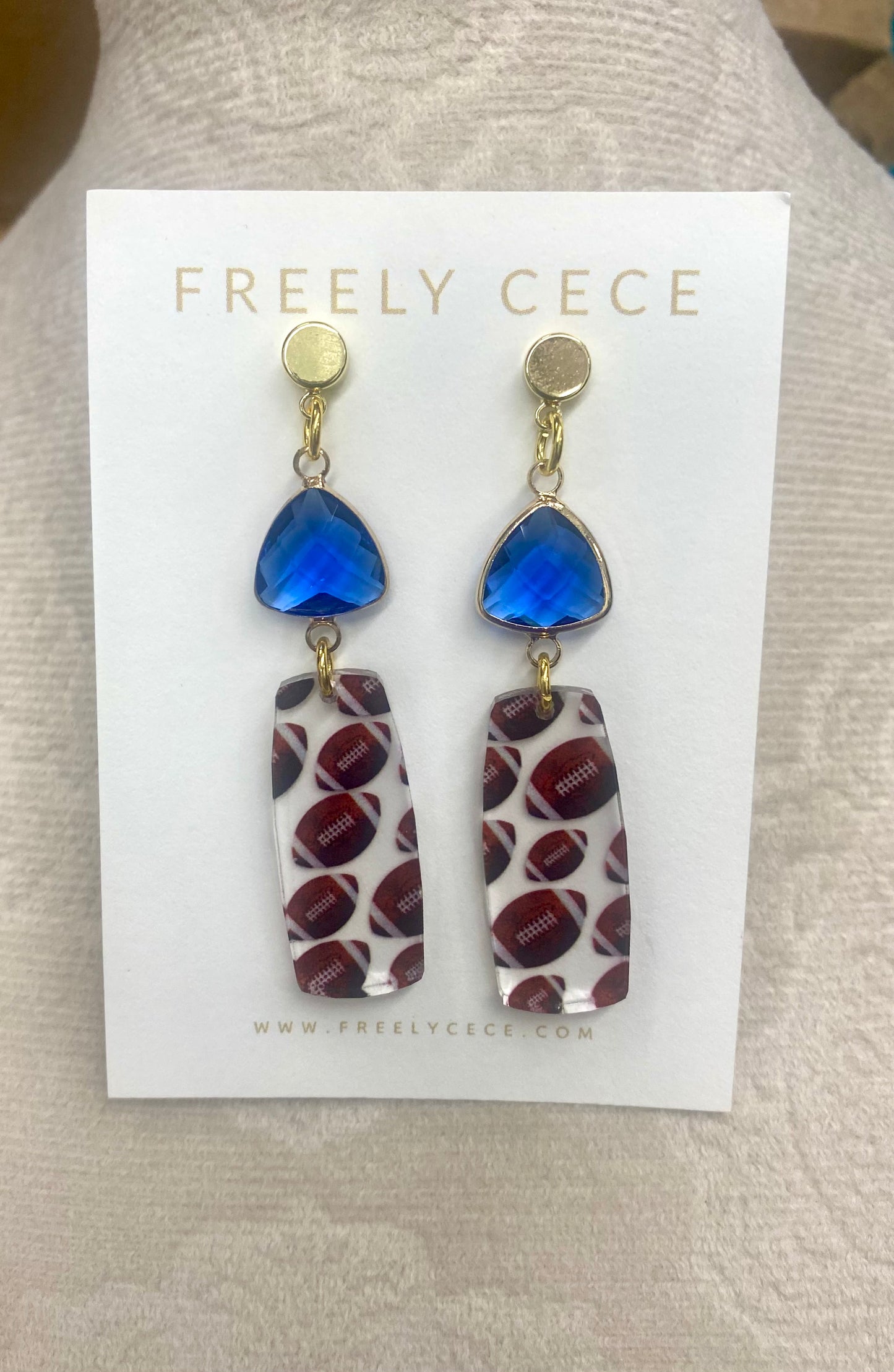Football Earrings with Royal Blue Stone