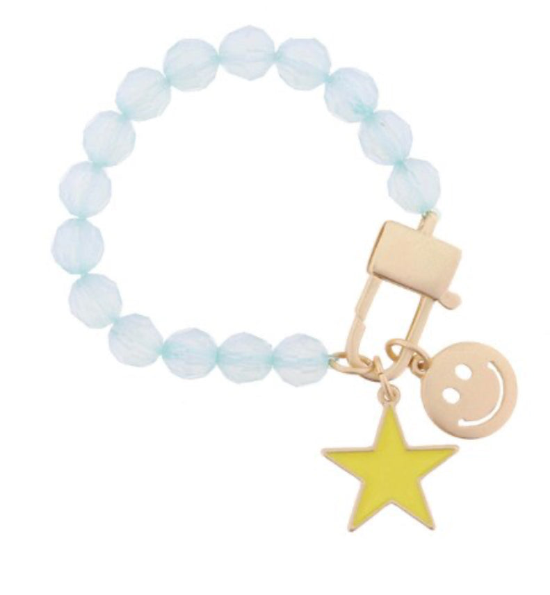 Kids Mint Beaded w/ Gold Lobster Claw, Yellow Enamel Star, Happy Face Bracelet .75” .5” Pendants / Jane Marie