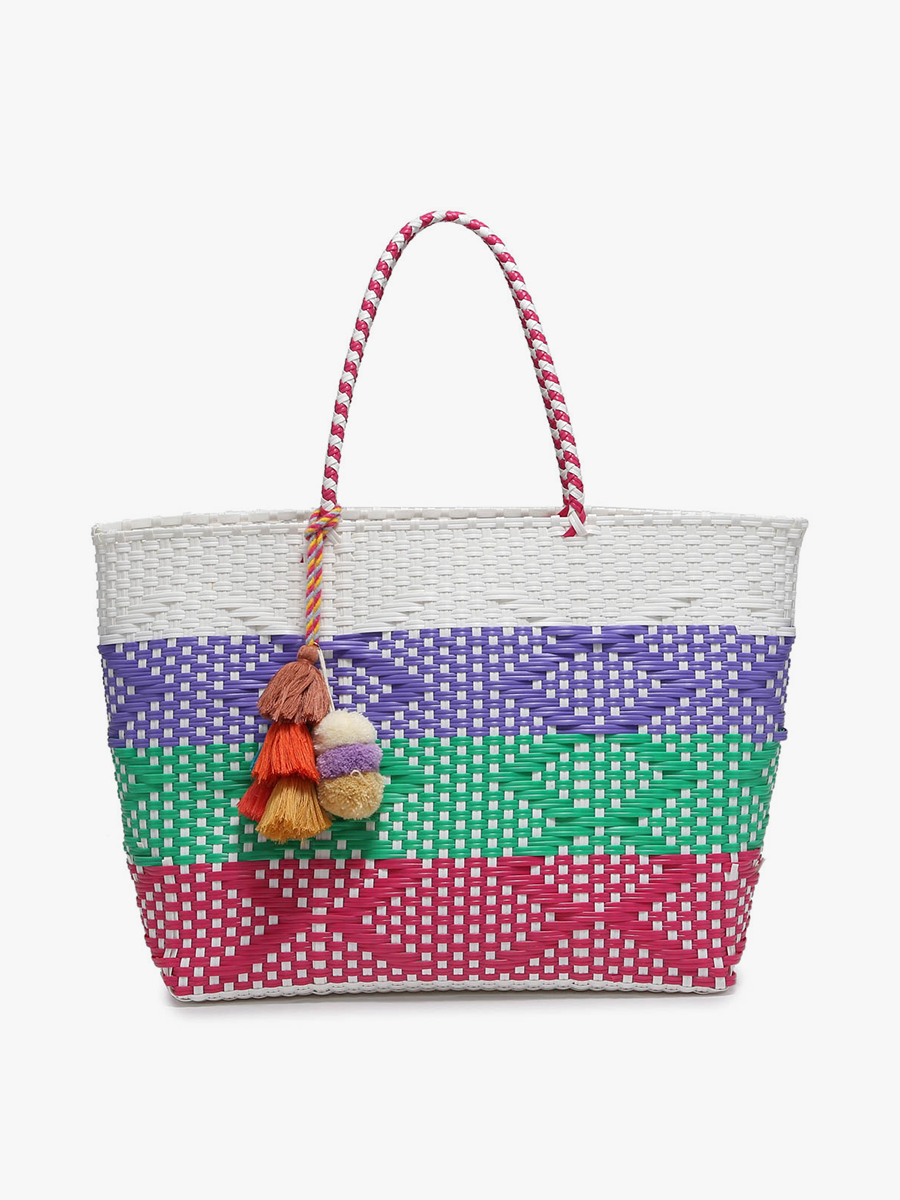 Jen & Co. Shelby Large Handwoven Tote w/ Pom-Poms: Stripe-PPGNRD