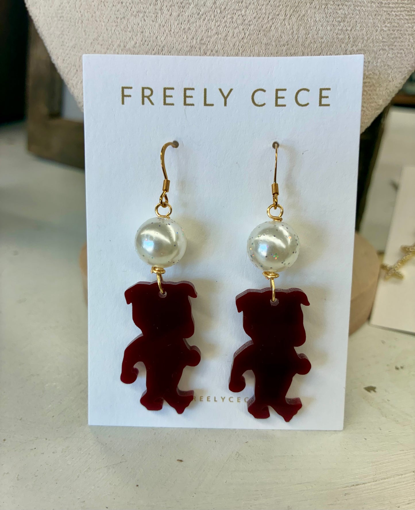 Maroon Bulldog Earrings with Pearl Accents