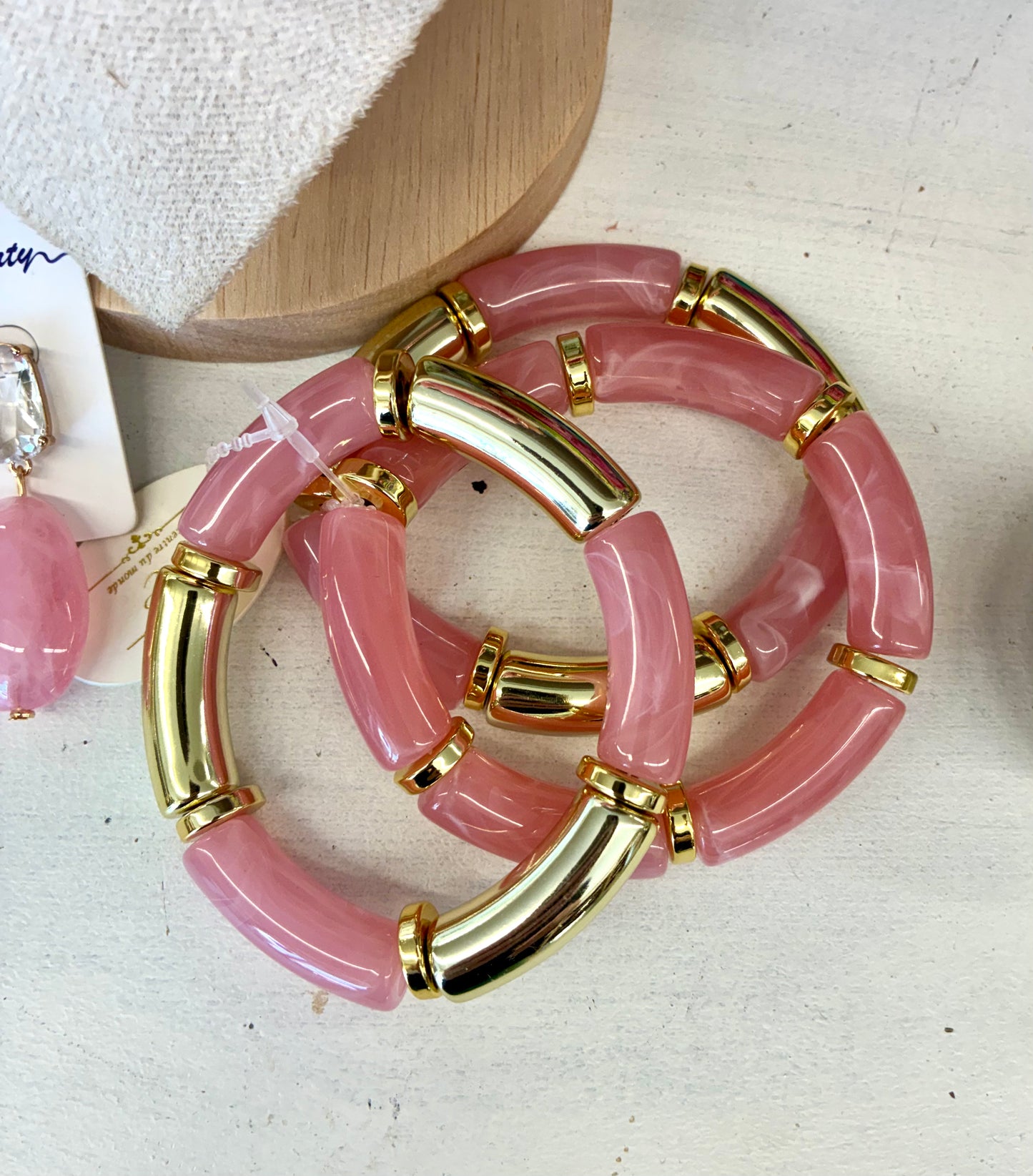 3-Strand Light Pink Marbled & Gold Stretch Bamboo Bracelets