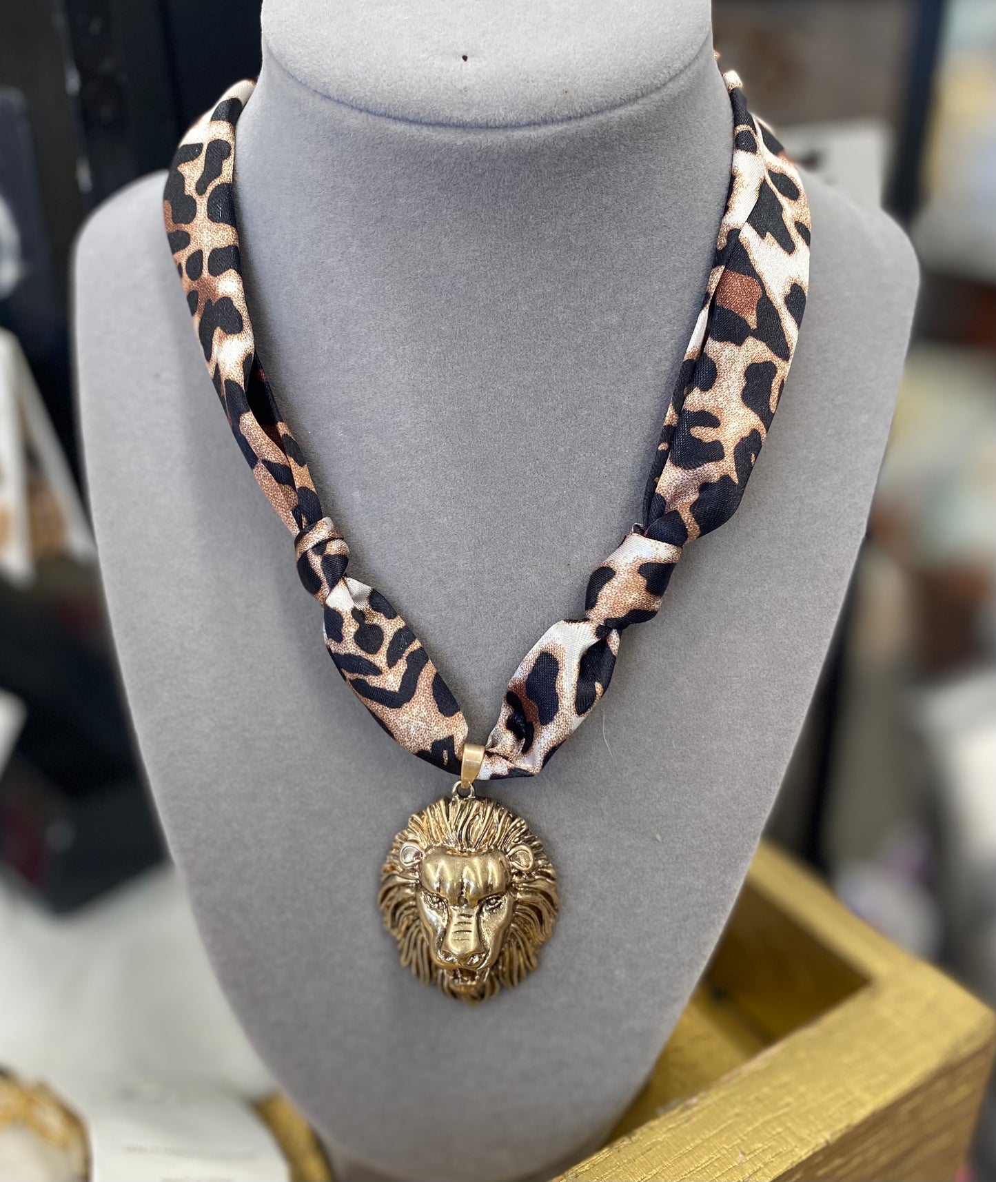Leopard Scarf Necklace w/ Gold Lion Charm (mk)