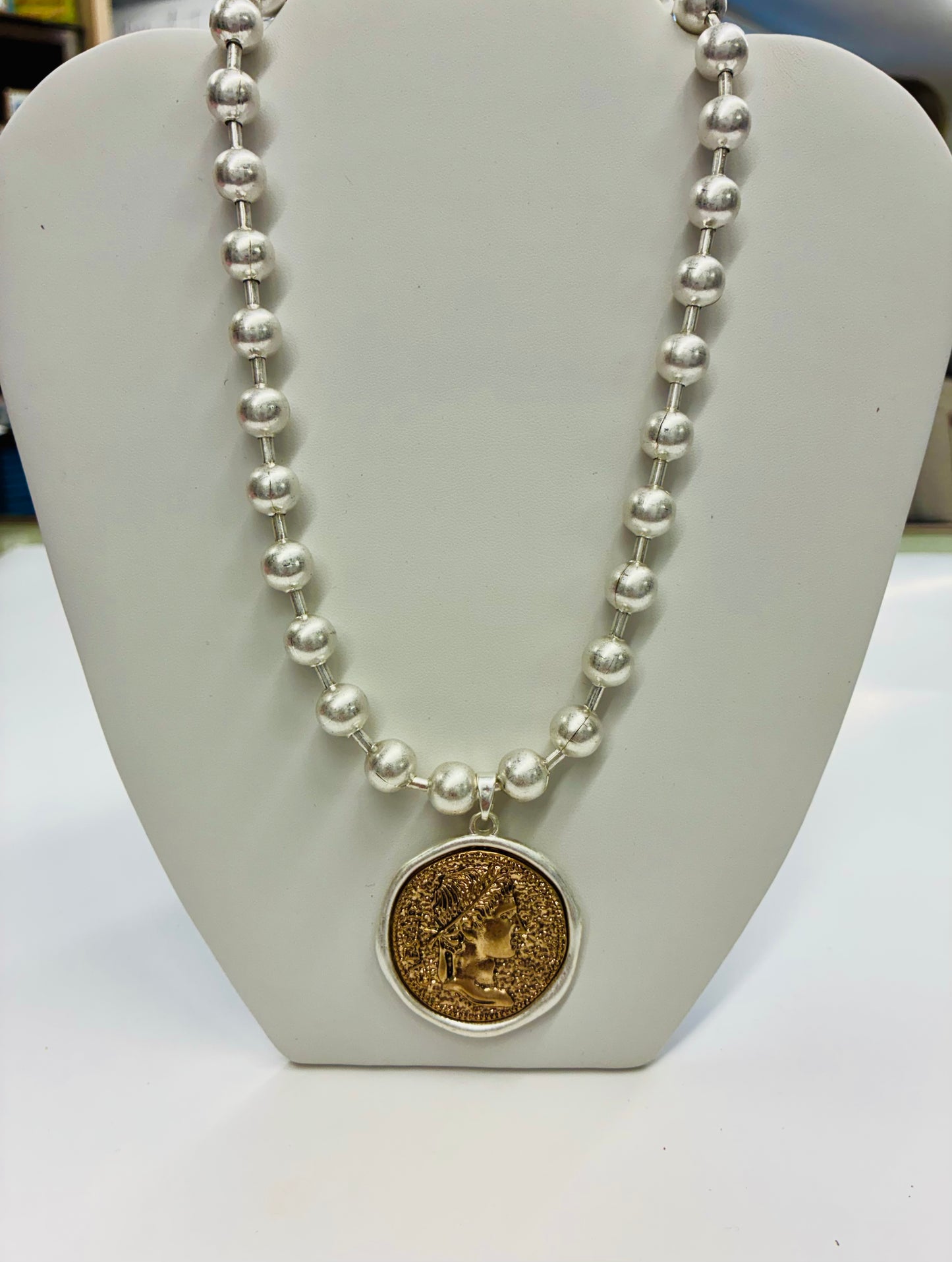 Silver Beaded Caesar Coin Necklace