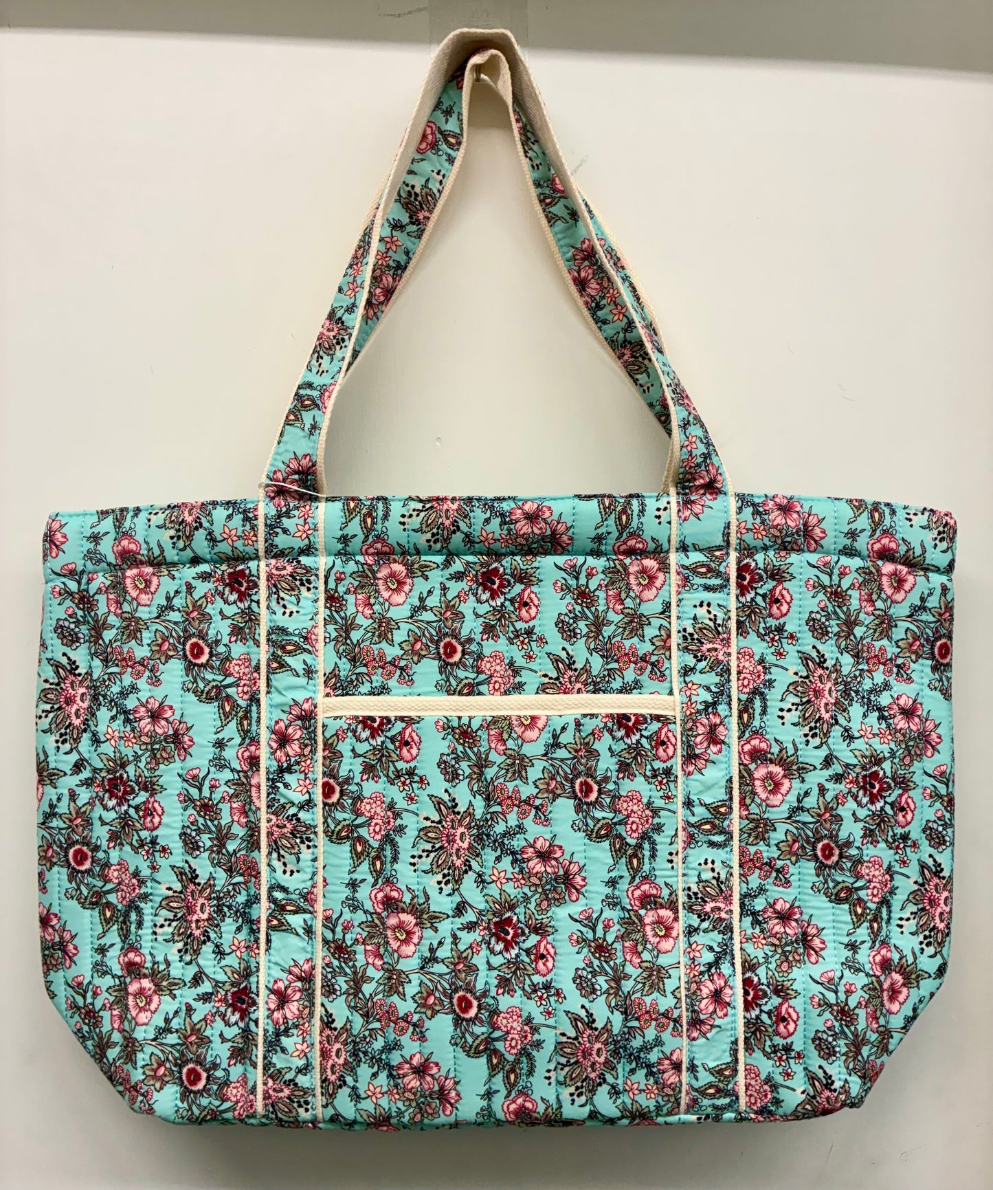Floral Print Tote Bag with Shoulder Straps - Turquoise
