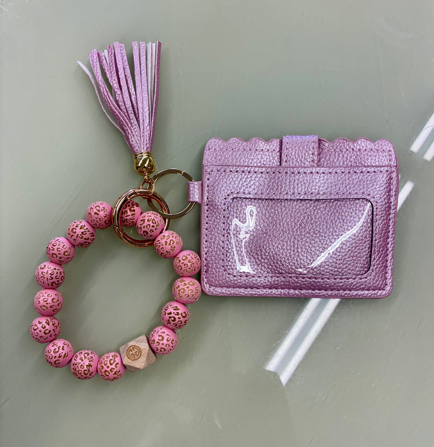 Beaded Leopard Keyring with Wallet Brown or Pink