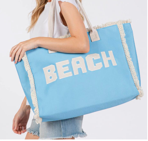 Embroidered Beach Letter Fringe Tote Bag (Blue)