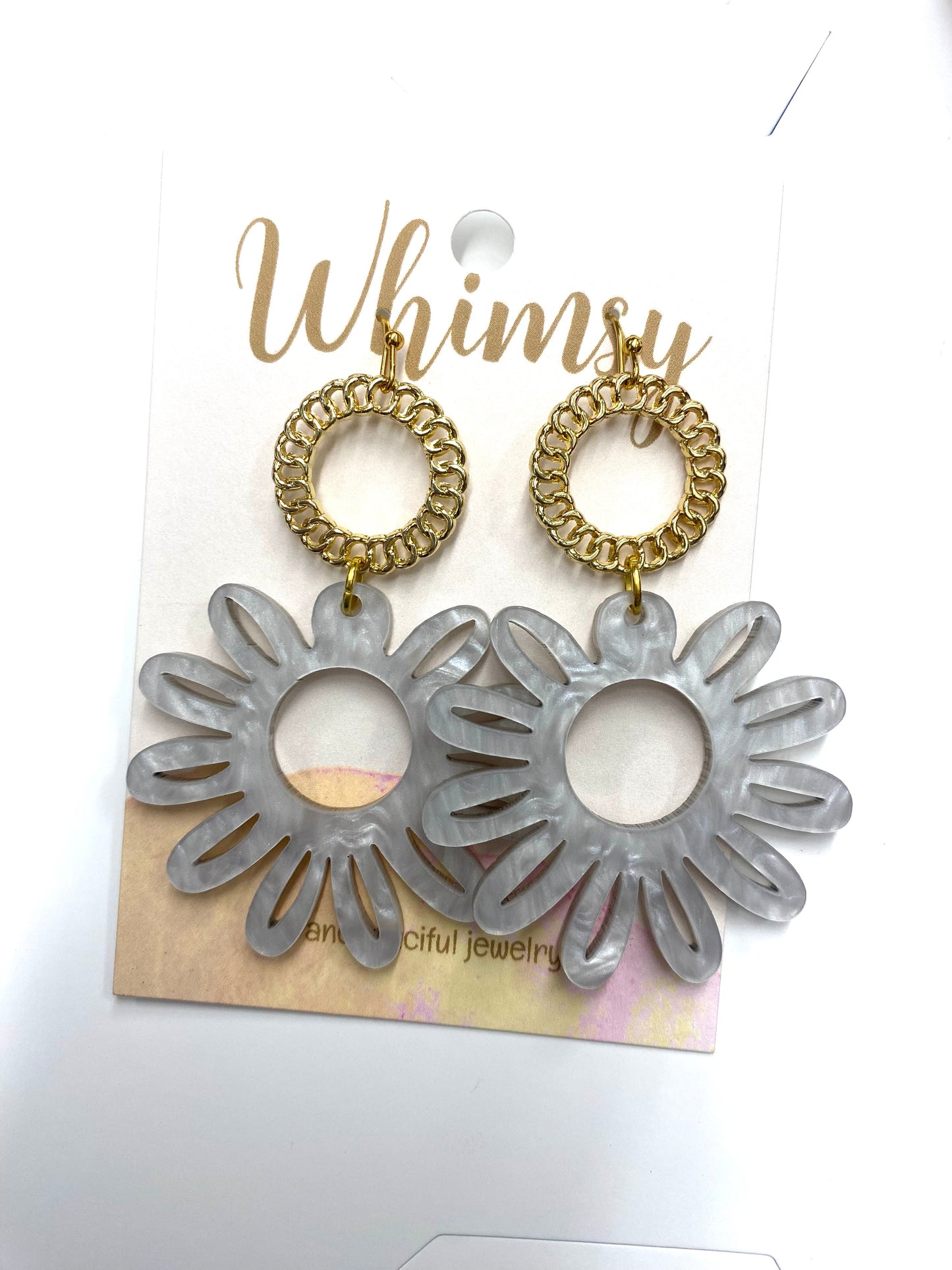 Pearl Color Flower & Gold Dangle Earrings