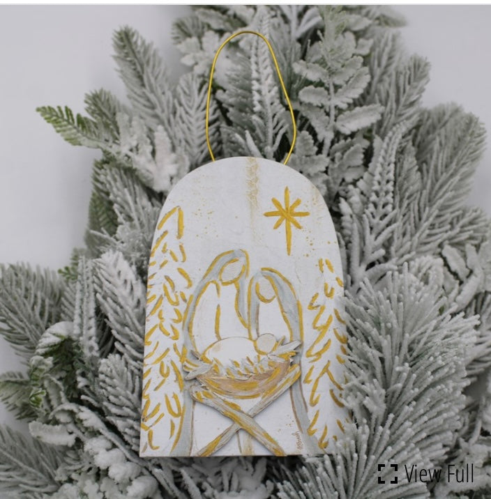 Layered Wood Ornament Neutral Holy Family 4x5x6”