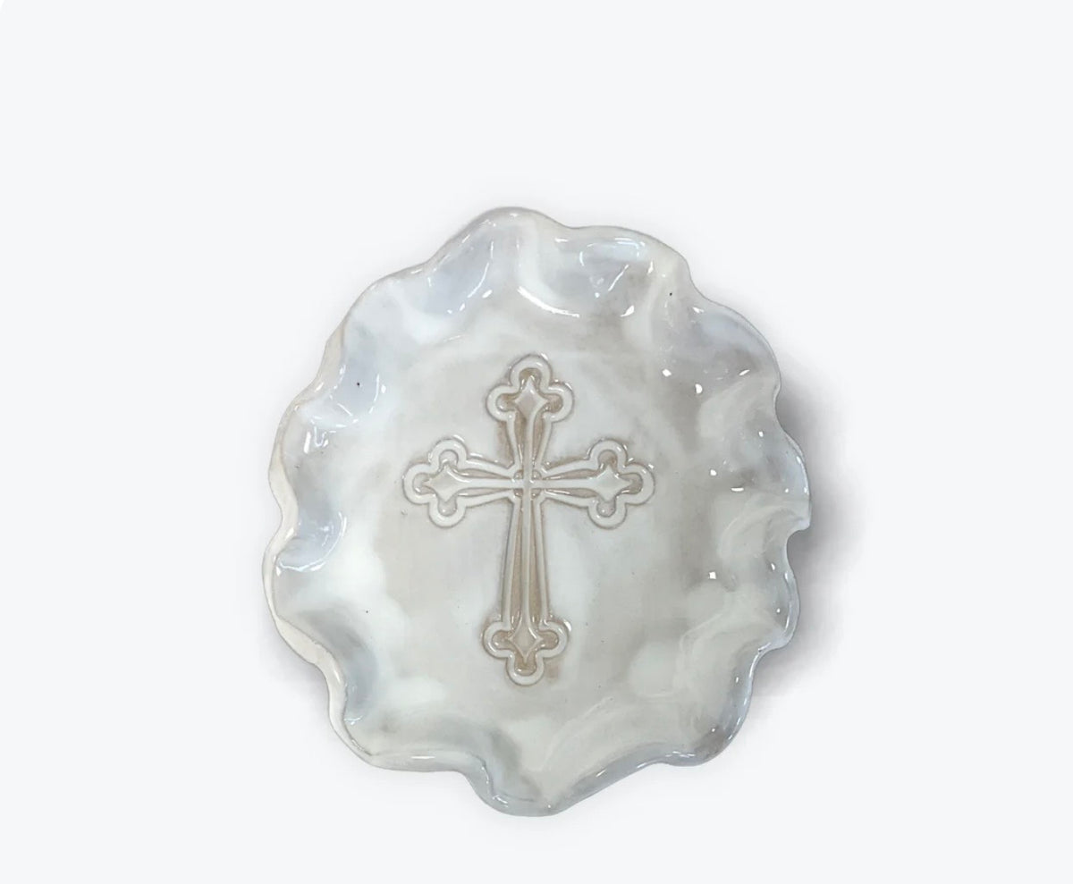 White Cross Dish 6” Round -Tab Boren Pottery #345