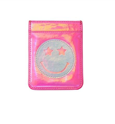 Iridescent Hot Pink with Silver Star Eye Happy Face Phone Wallet