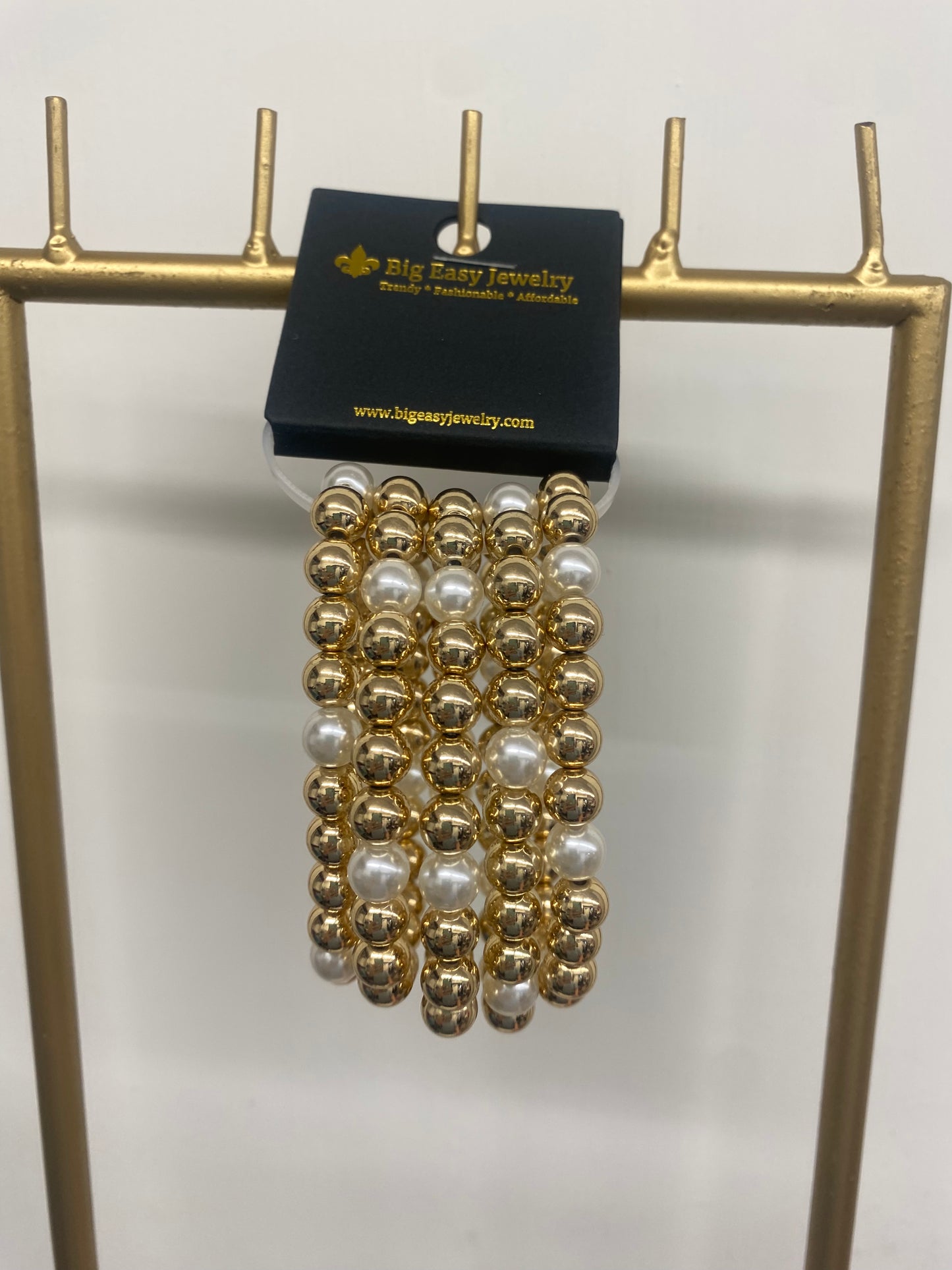 Beaded Gold and Pearl Stretch Bracelet Stack