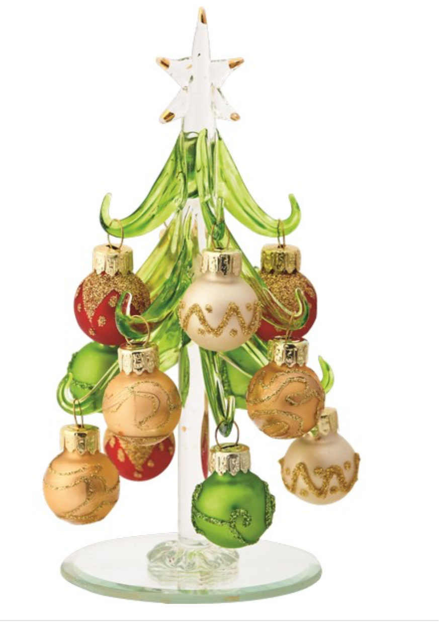 Green Glass Tree 6 inch with Multicolored Gold Ornaments