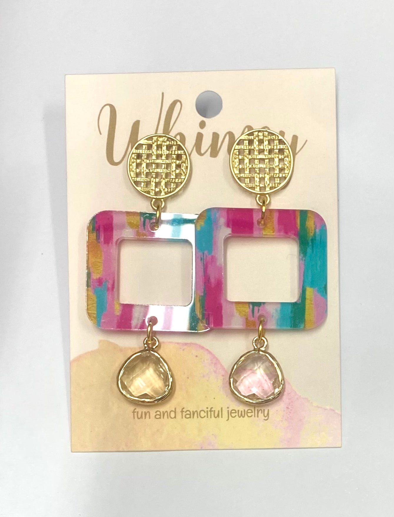Multicolored Square Earrings with Clear Stone and Gold