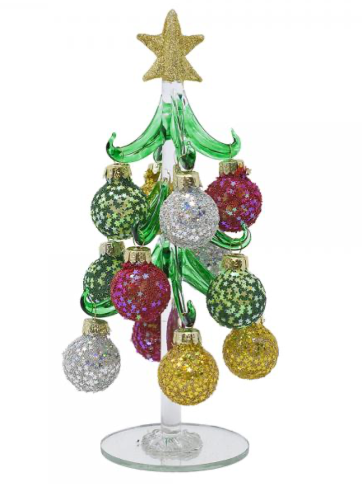 Green Glass 8” Tree with Glitter & Star Sequin Ornaments