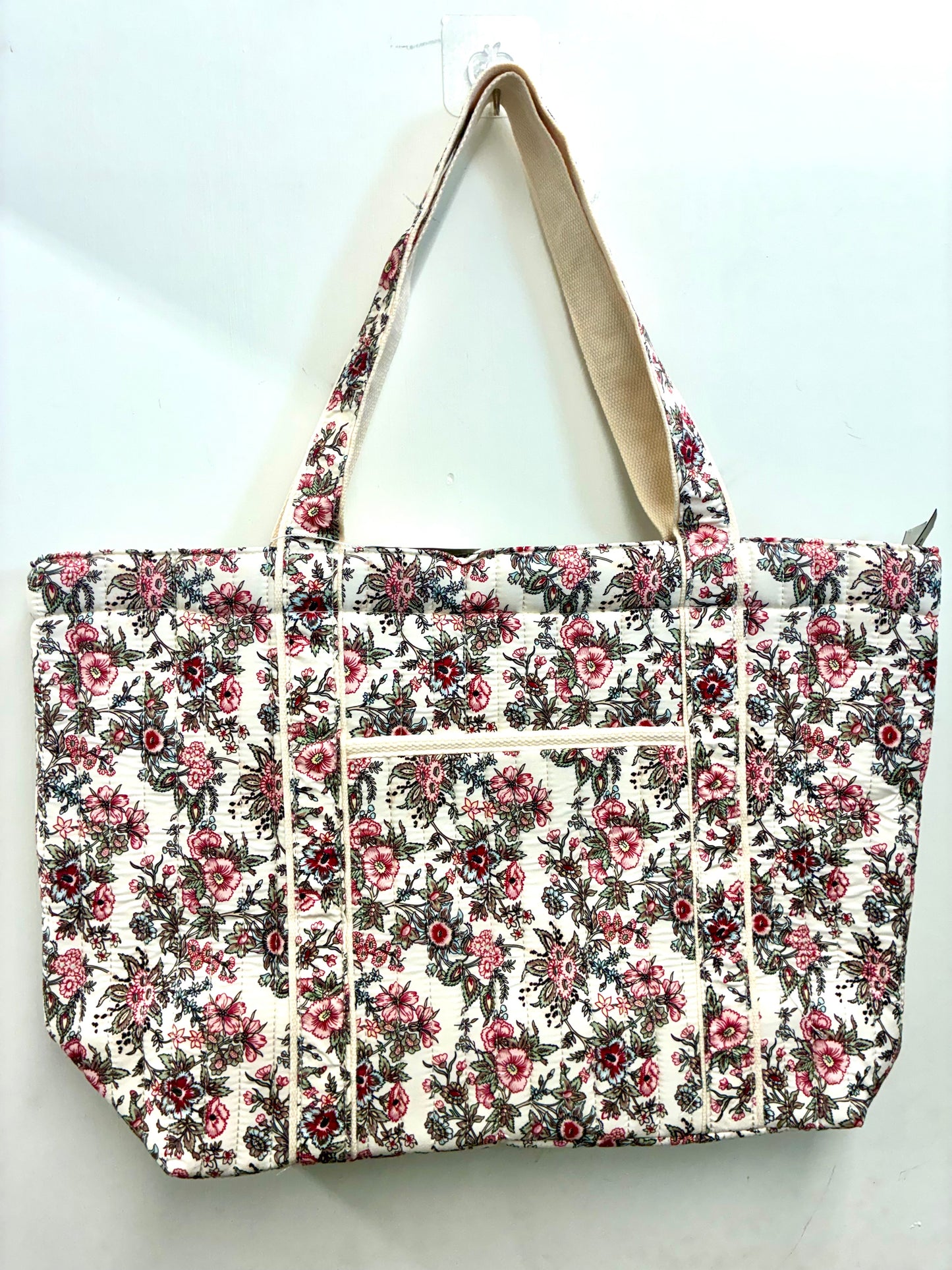 Ivory Floral Print Quilted Tote Bag with Shoulder Straps