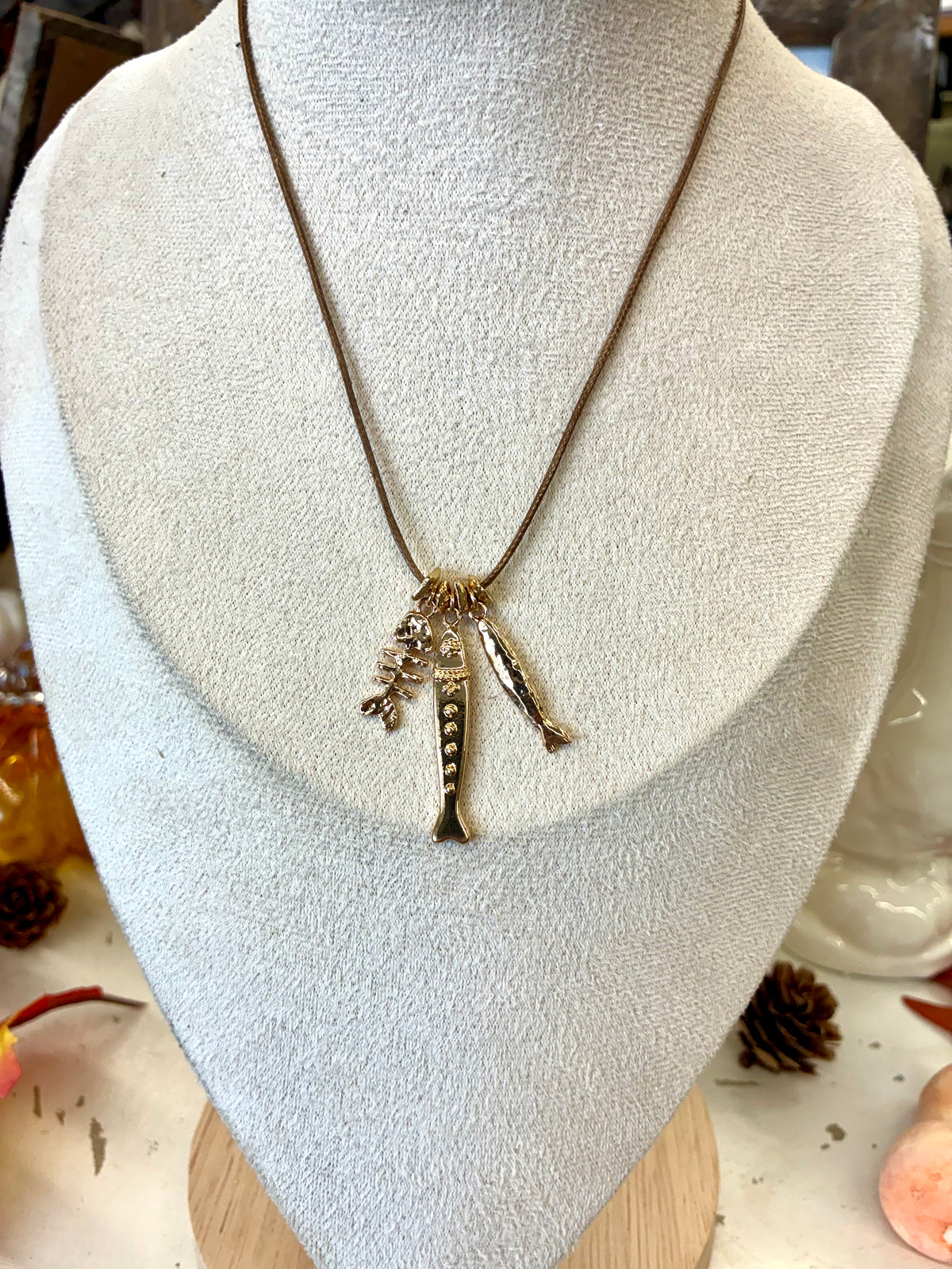 Brown Corded Necklace with 3 Fish Charm