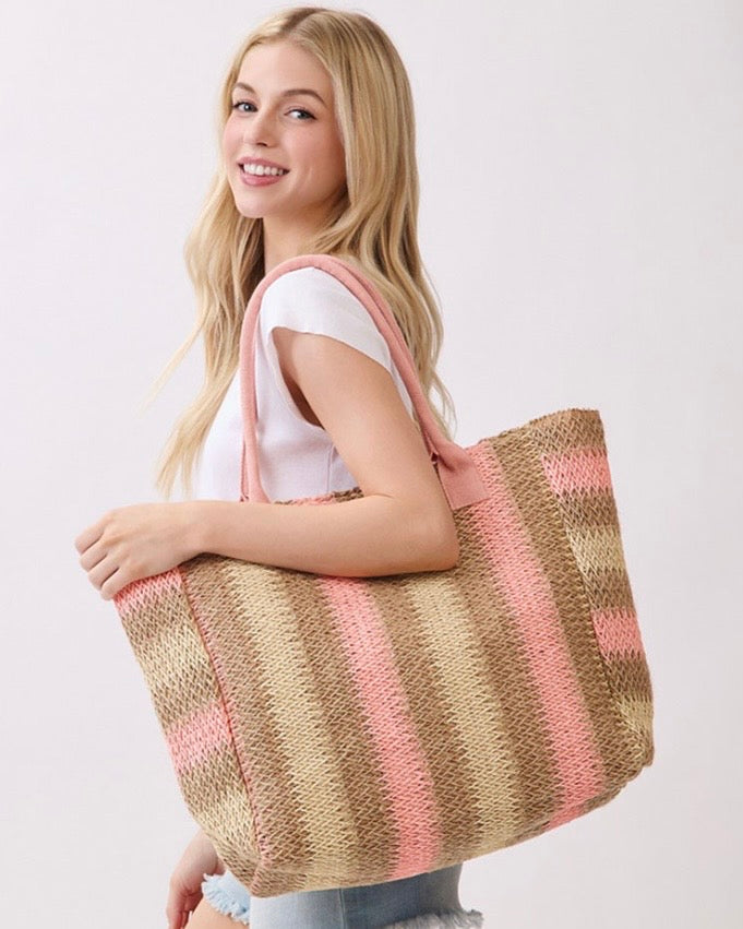 Natural Multi Color Stripe Straw Tote Bag