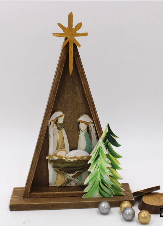 Layered Wood Tabletop w/Star Evergreen Nativity