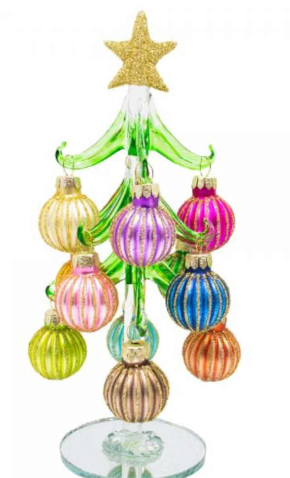 Green Glass 8 inch Tree with Pastel Ridged Ornaments