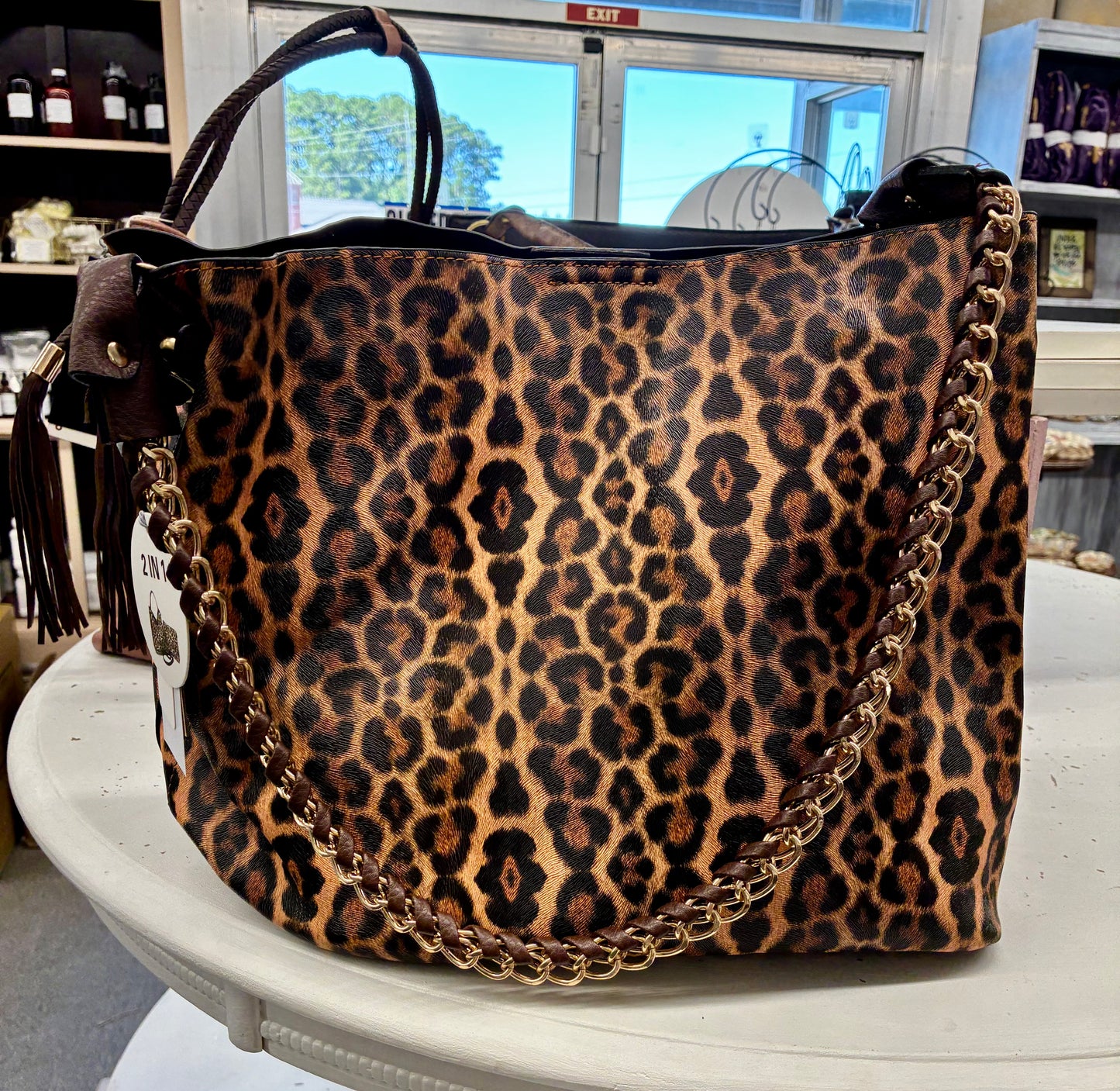 2 in 1 Leopard Print Hobo Style Bag with Chain Strap with extra Pouch for or for Crossbody