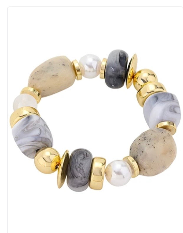 Marbled Bead Pearl Bracelet - Blue/Gray/Tan