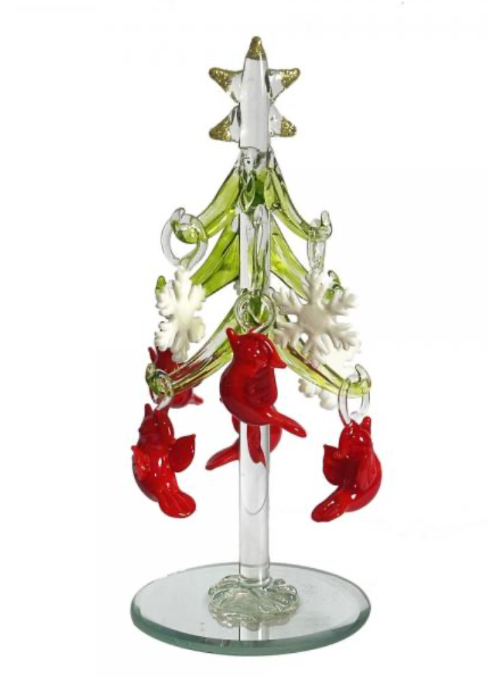 Green Glass 6” Tree with Cardinal & Snowflake Ornaments