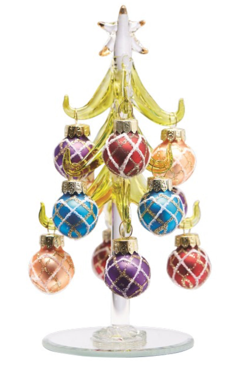 Green Glass 6” Tree with Multicolored Ornaments