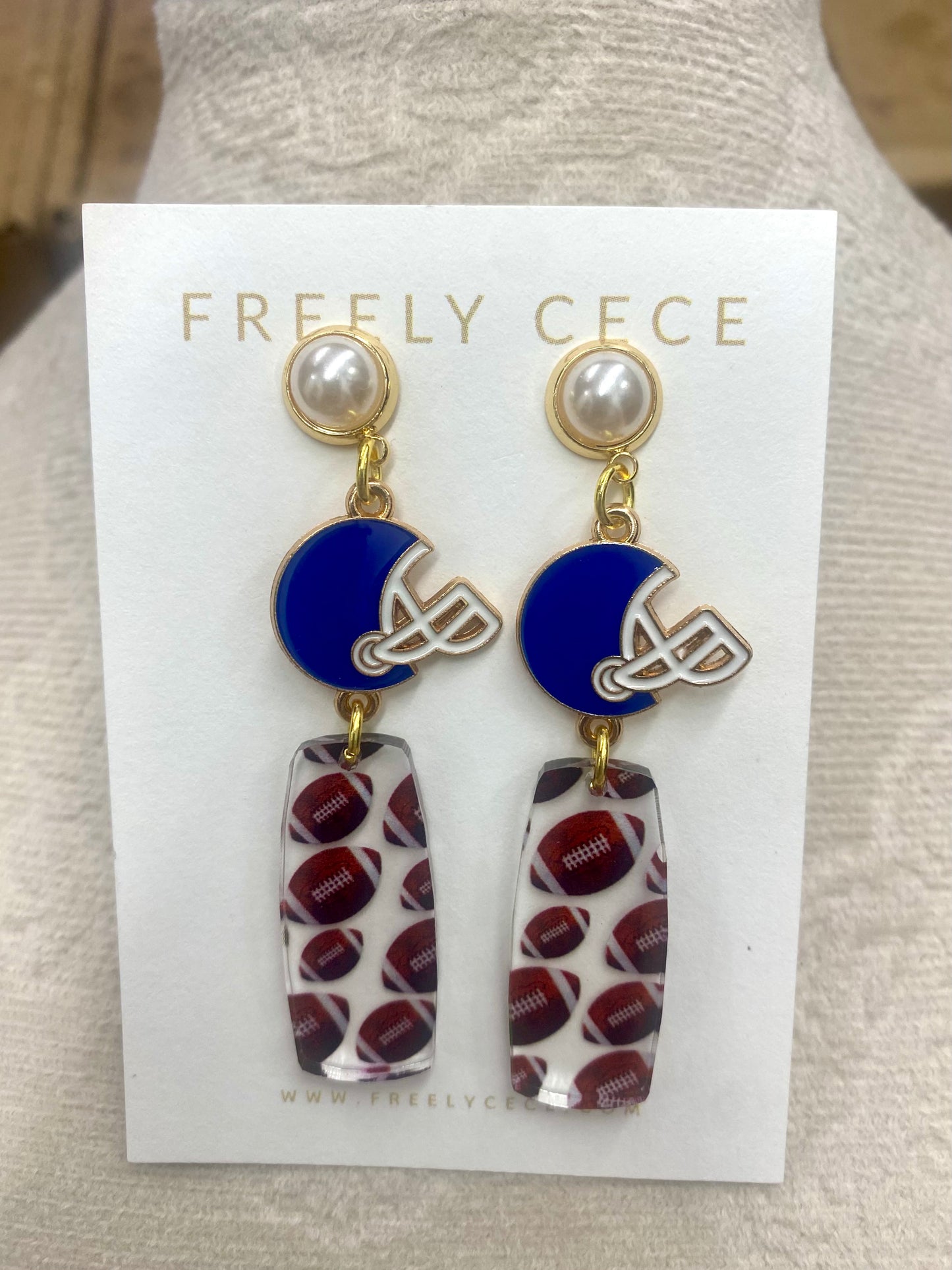 Football Earrings with Blue Helmets Pearls