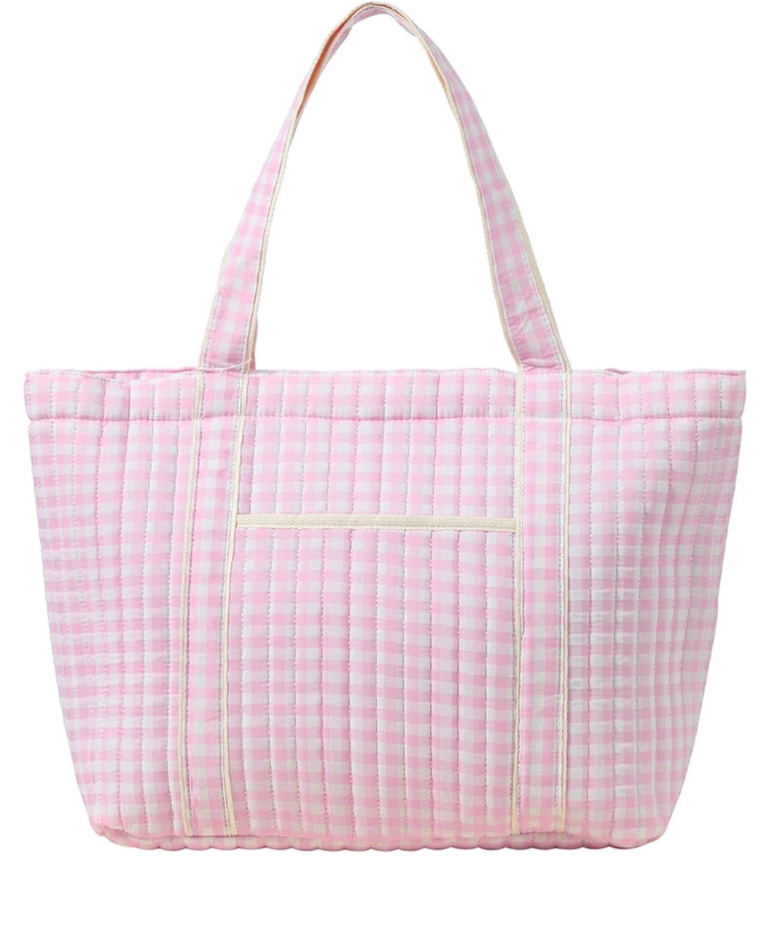 Pink Plaid Quilted Tote Bag with Shoulder Straps
