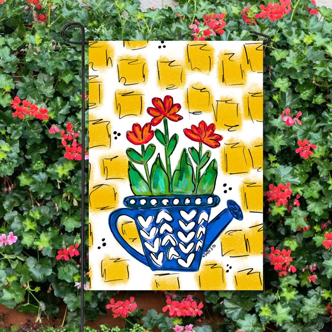Watering Can with Red Flowers Garden Flag - Baxter & Me