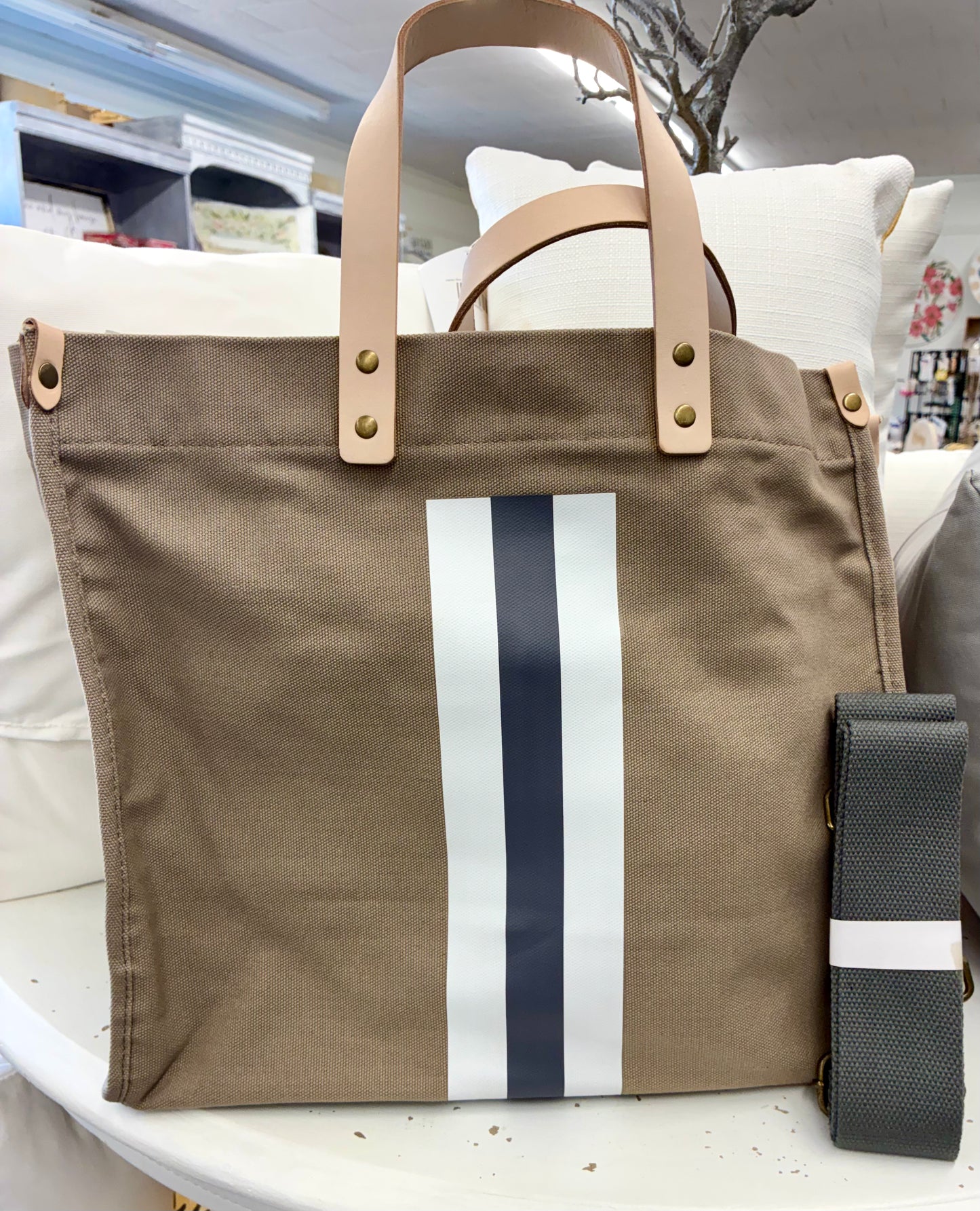 Striped Canvas Tote Bag w/ Guitar Strap