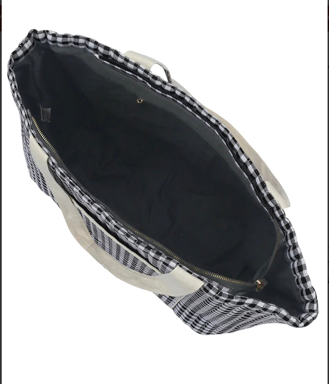 Black Gingham Check Quilted Tote Bag with Shoulder Straps