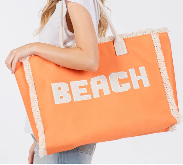 Embroidered Beach Letter Fringe Tote (Orange)