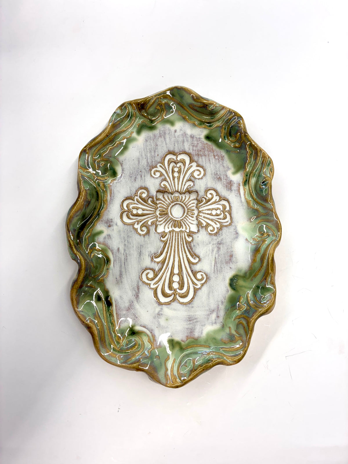 Ruffled Filigree Cross Tray - Tab Boren Pottery 10x7 #408