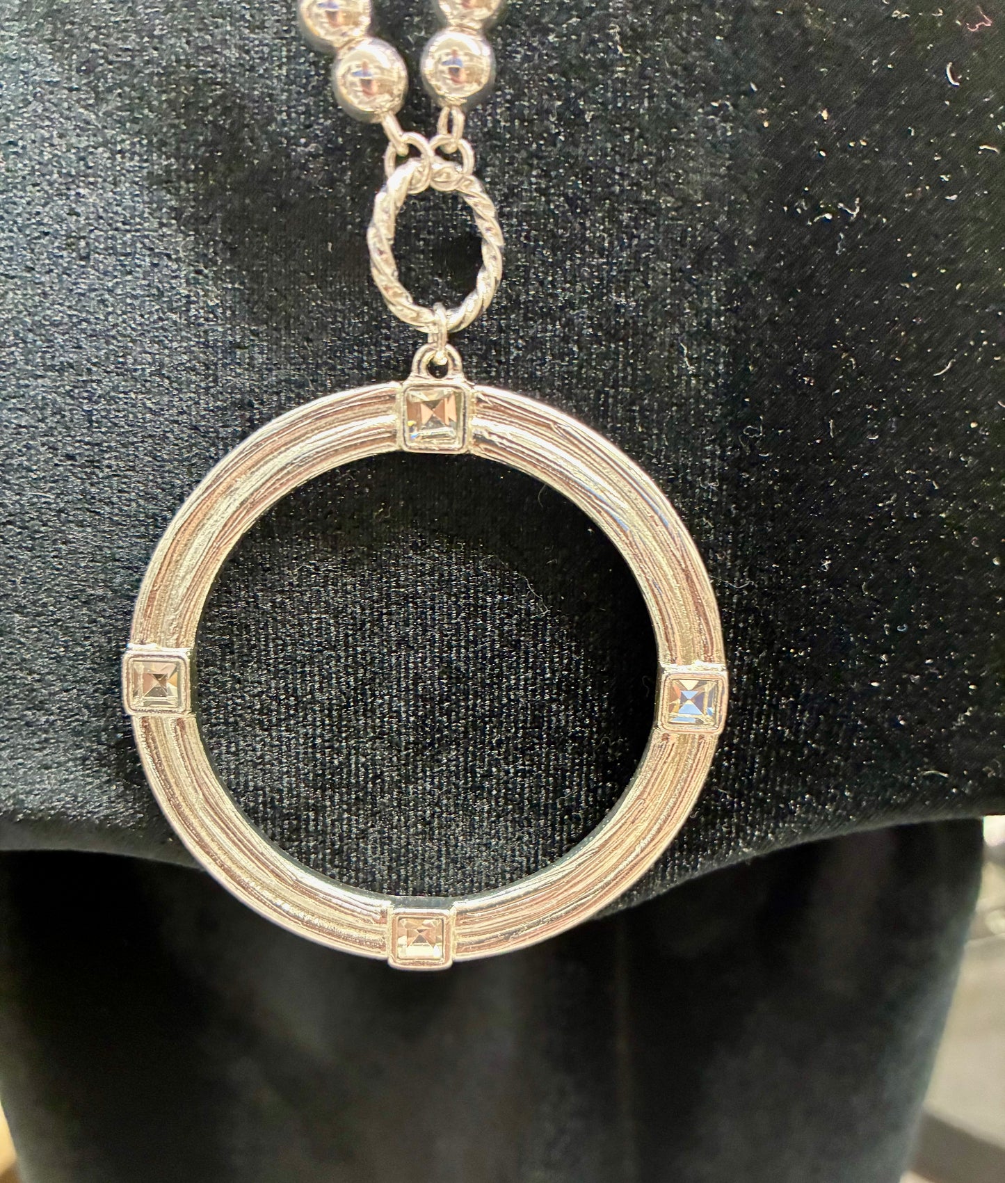Long Silver Beaded Chain Necklace with Round Silver Pendant