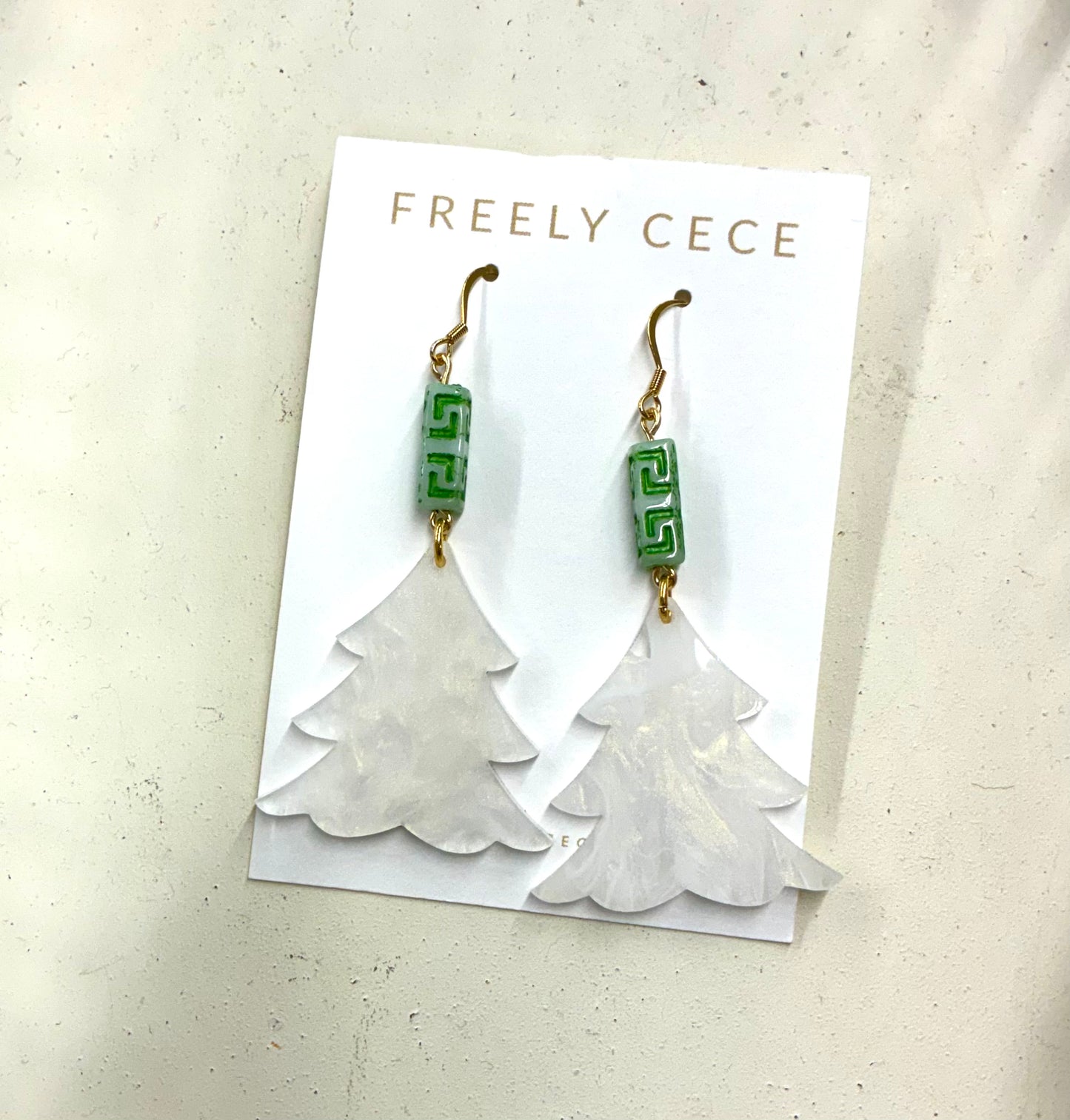 White Christmas Tree with Green Accent Earrings