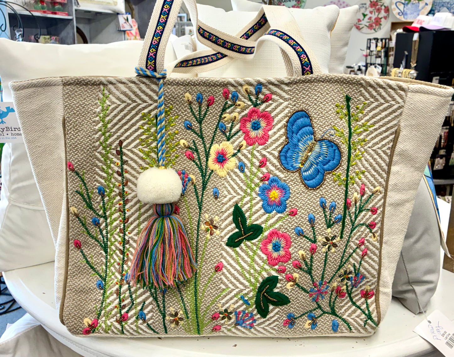 Butterfly & Floral Embroidered Tote Bag