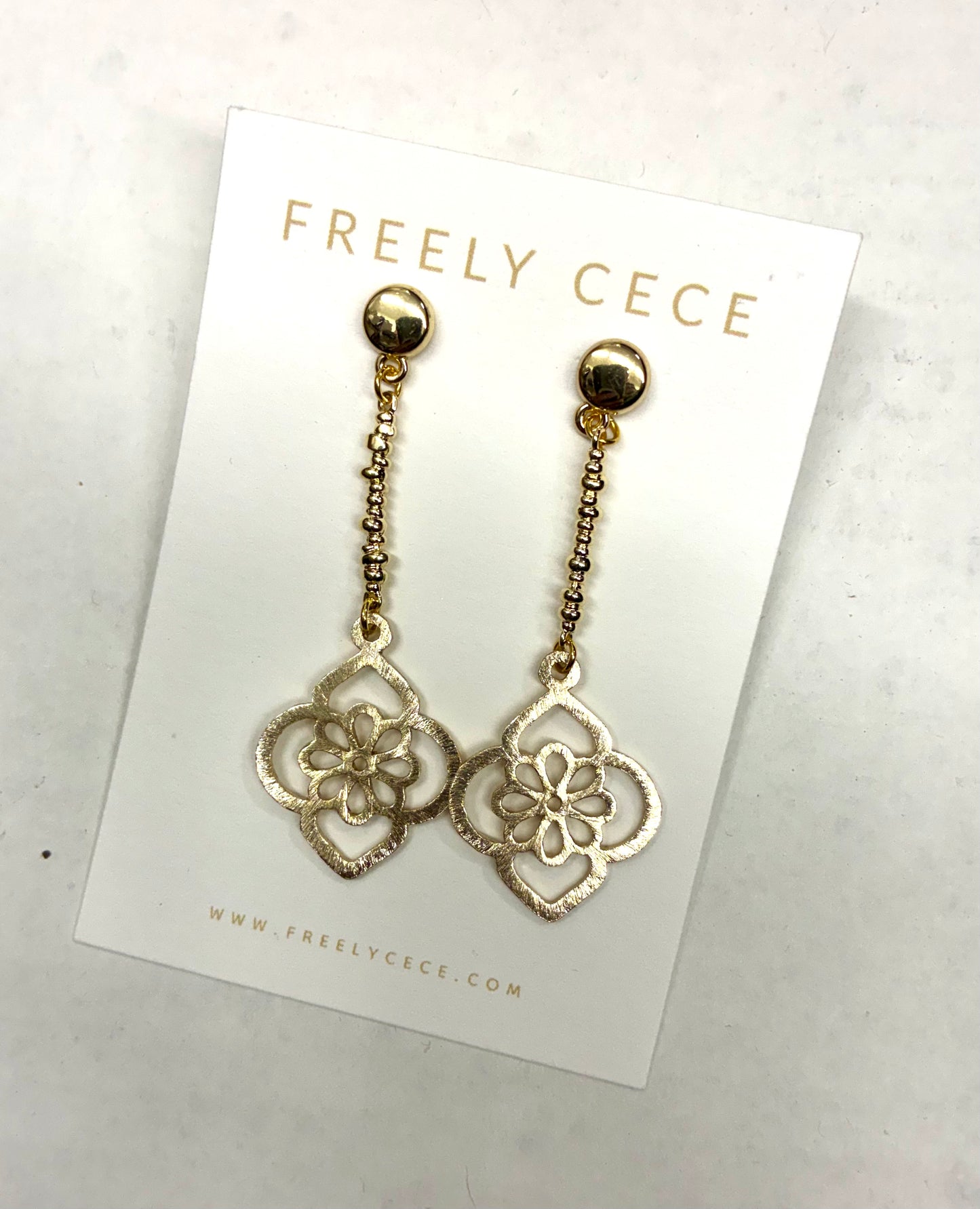 Gold Drop Dangle Earrings with Floral Filigree - Freely Cece
