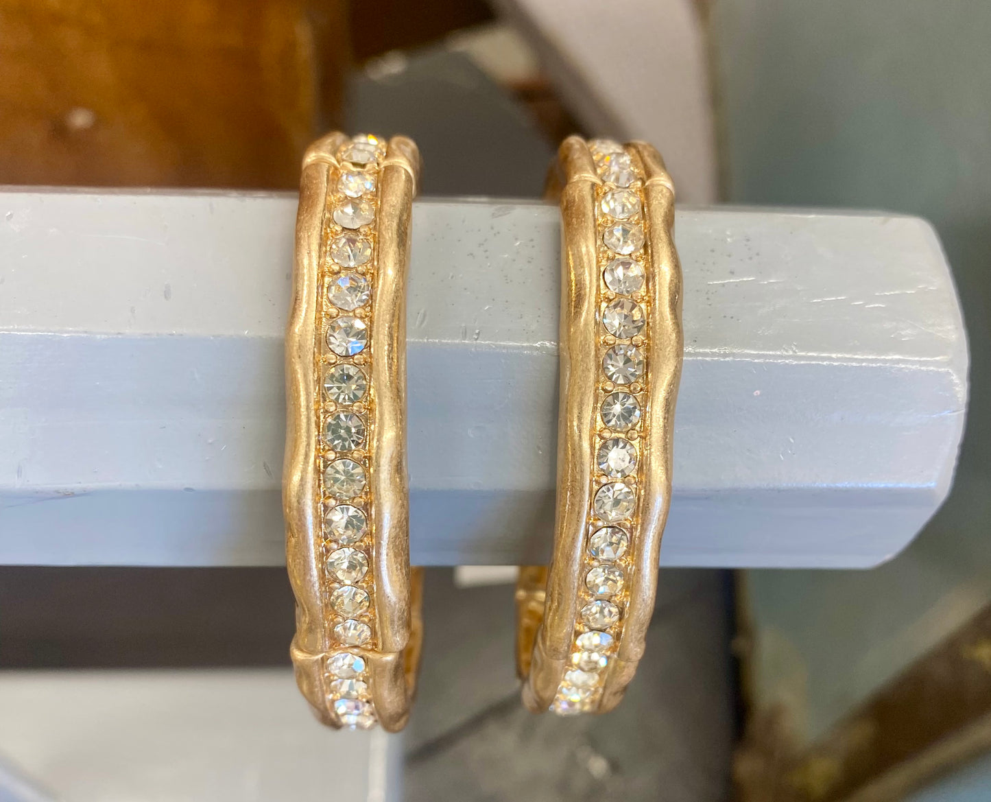 Gold Stretch Rhinestone Bracelet / Med Size Rhinestone Hoop Earrings