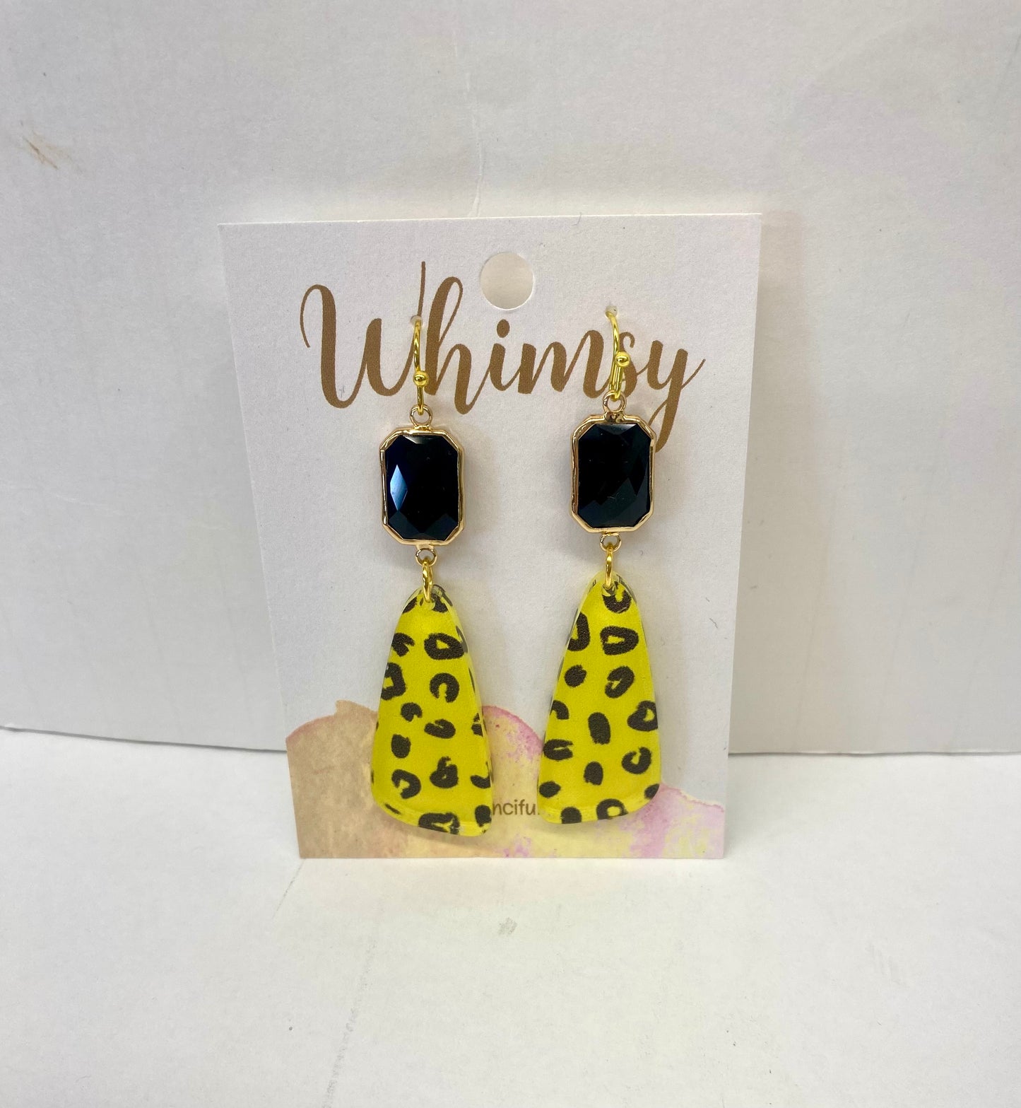 Yellow and Black Leopard Dangle Earrings with Black Stone / Whimsy Jewels