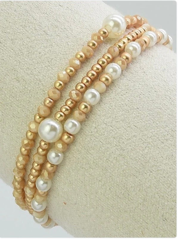 3 PCS Glass & Pearl Mixed Stretch Bracelets
