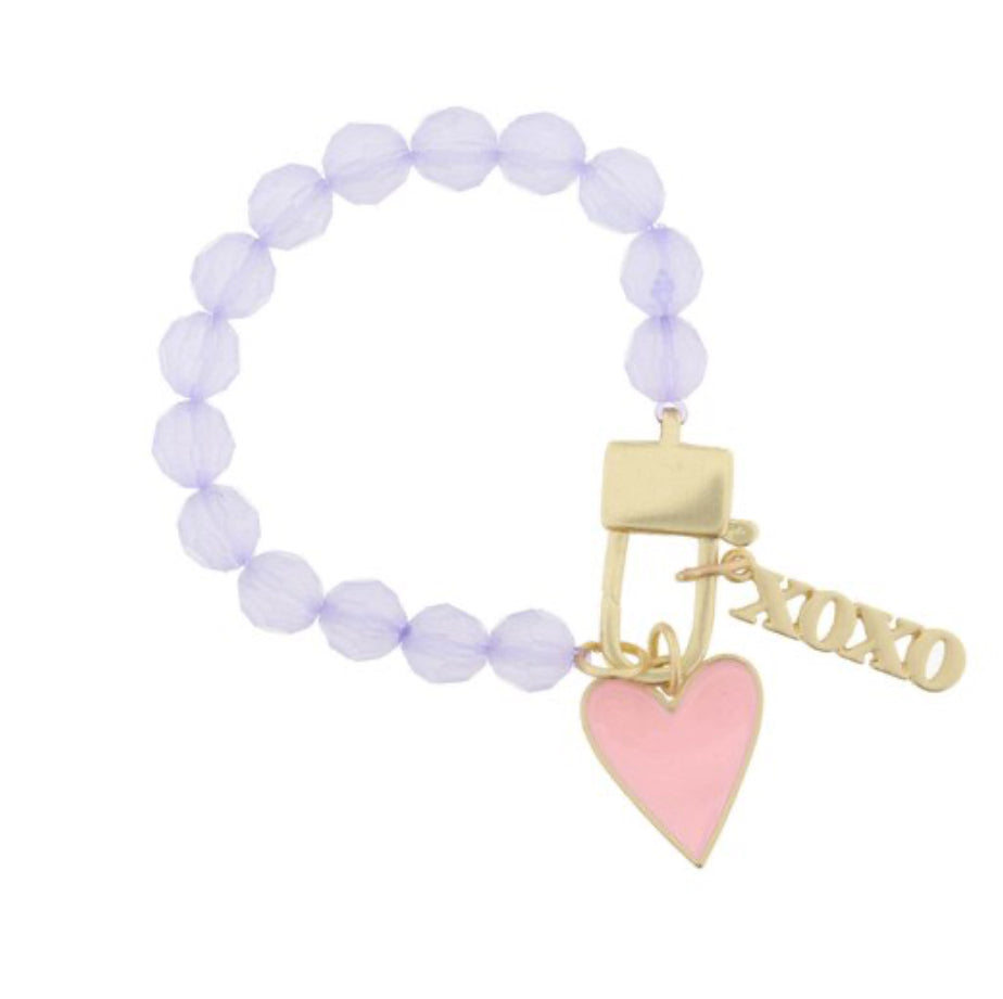 Kids Lavender Beaded w/ Lobster Claw, Pink Heart, Gold “XOXO” Bar Bracelet .75” .75” Pendant / Jane Marie