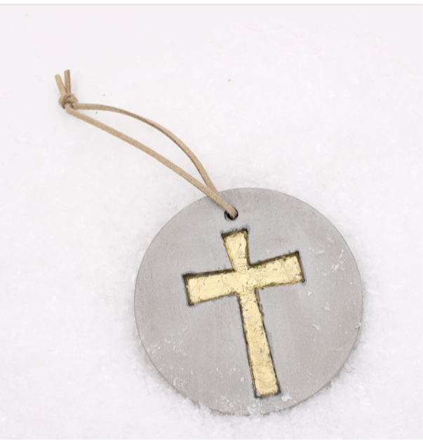 Round Cement Ornament with Gold Cross 3.5”