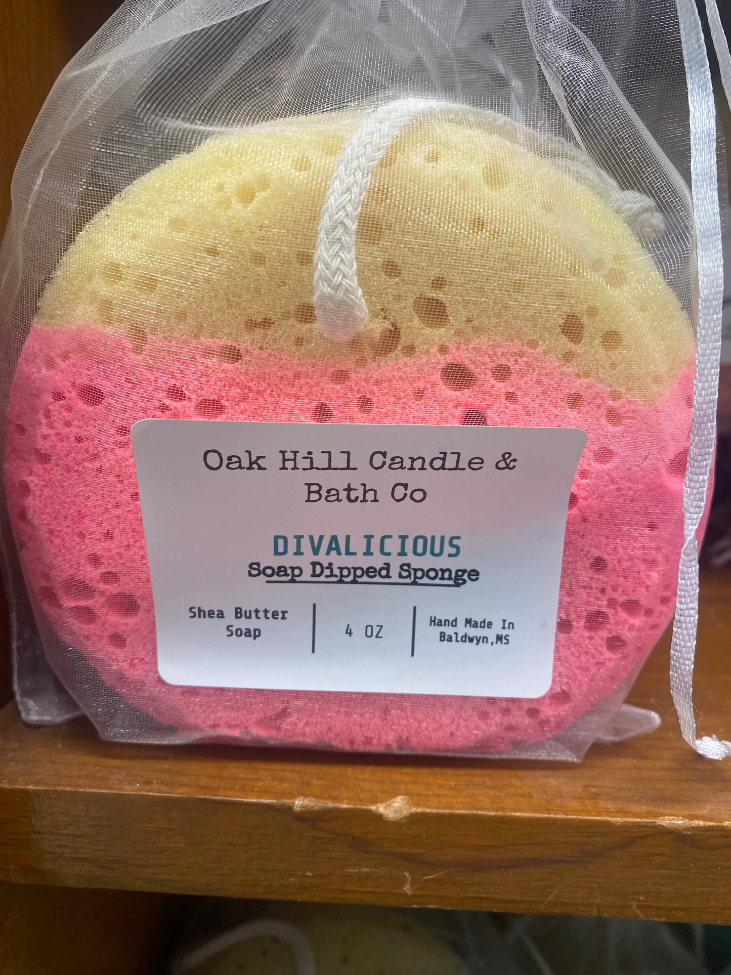 Soap Dipped Sponge 4oz (Divalicious) / Oak Hill Candle & Bath Co.