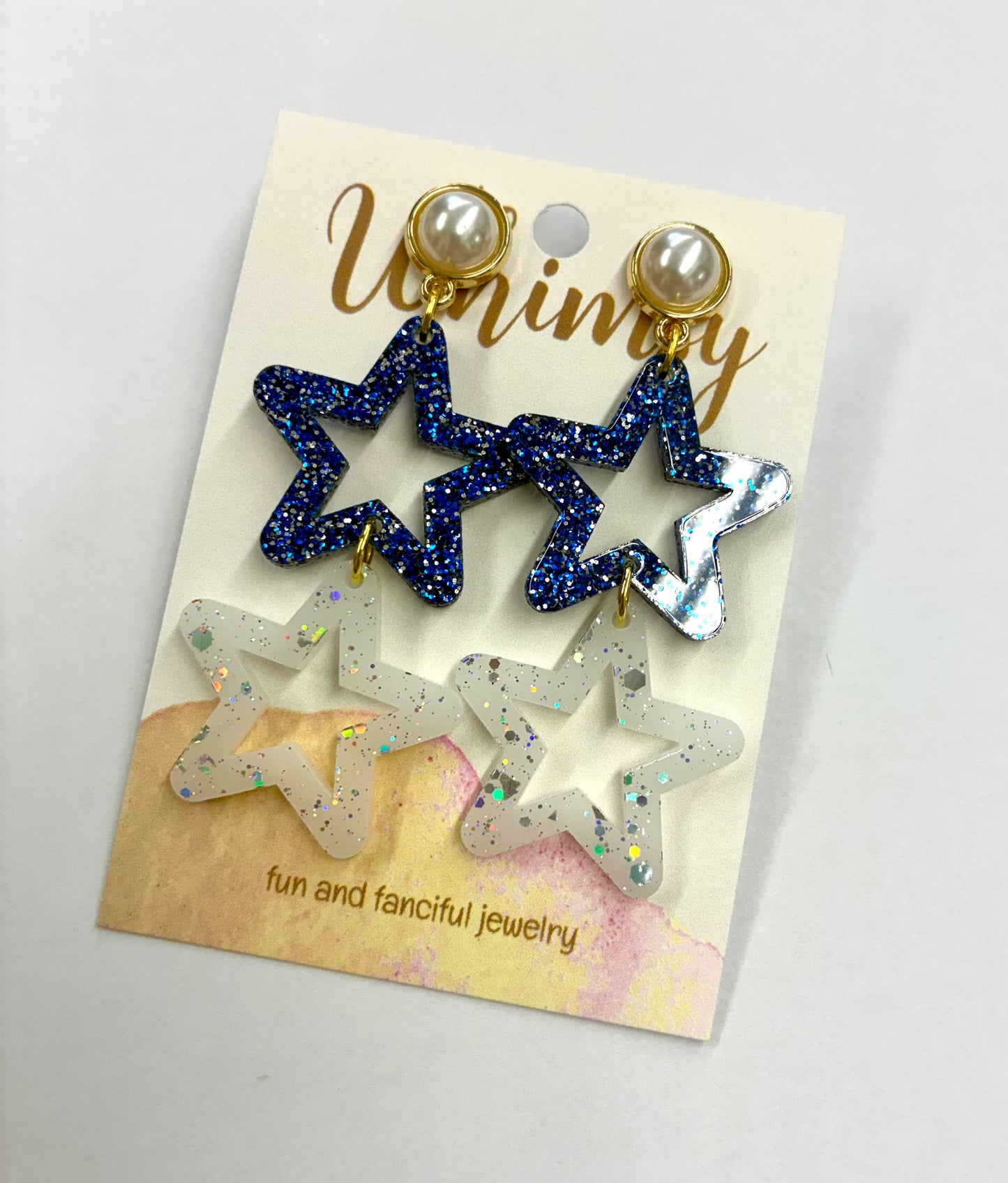 Blue and White Double Star Glitter Earrings with Pearl Stone