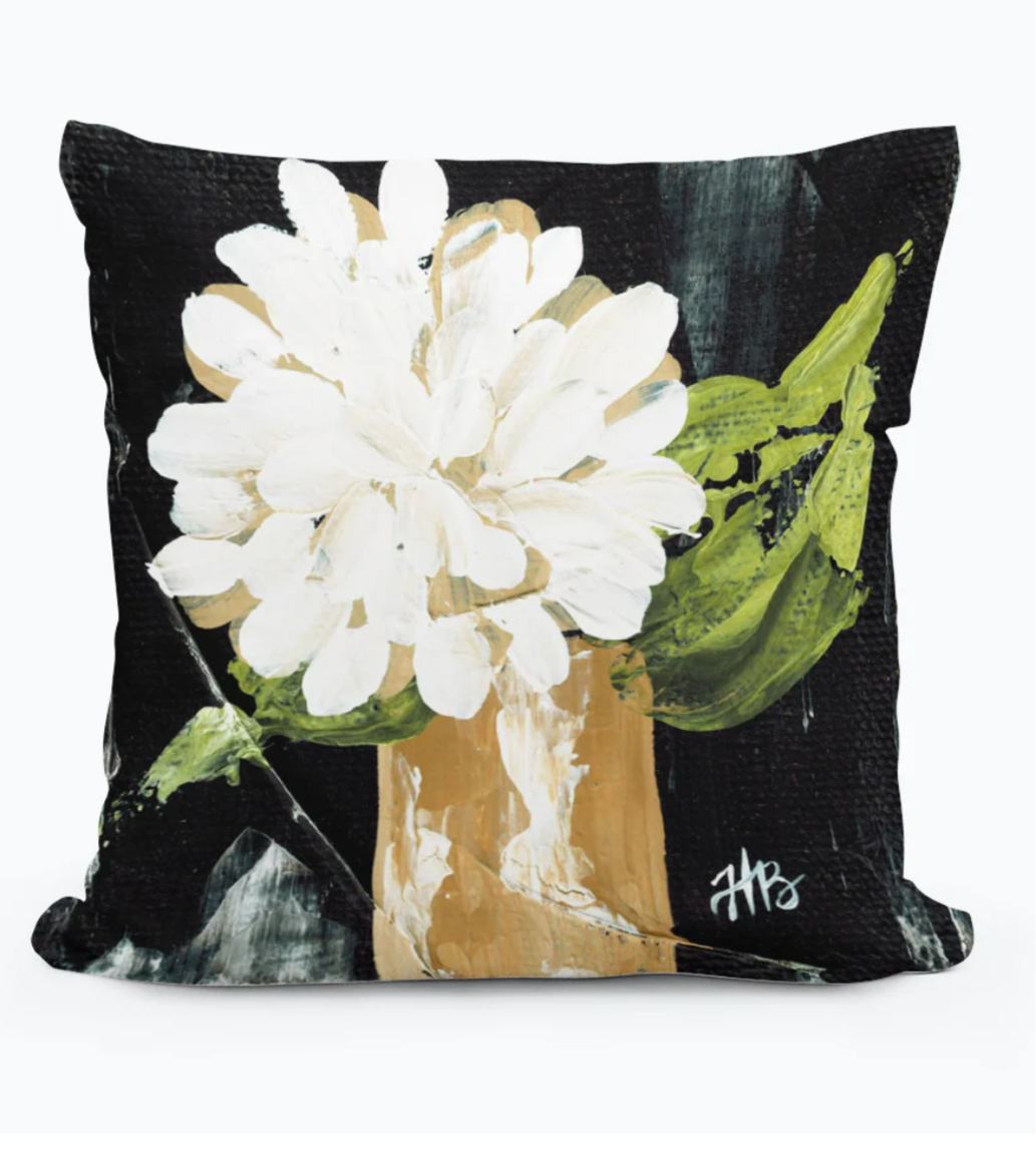 Haley White Hydrangea on Black Square Pillow 12x12
