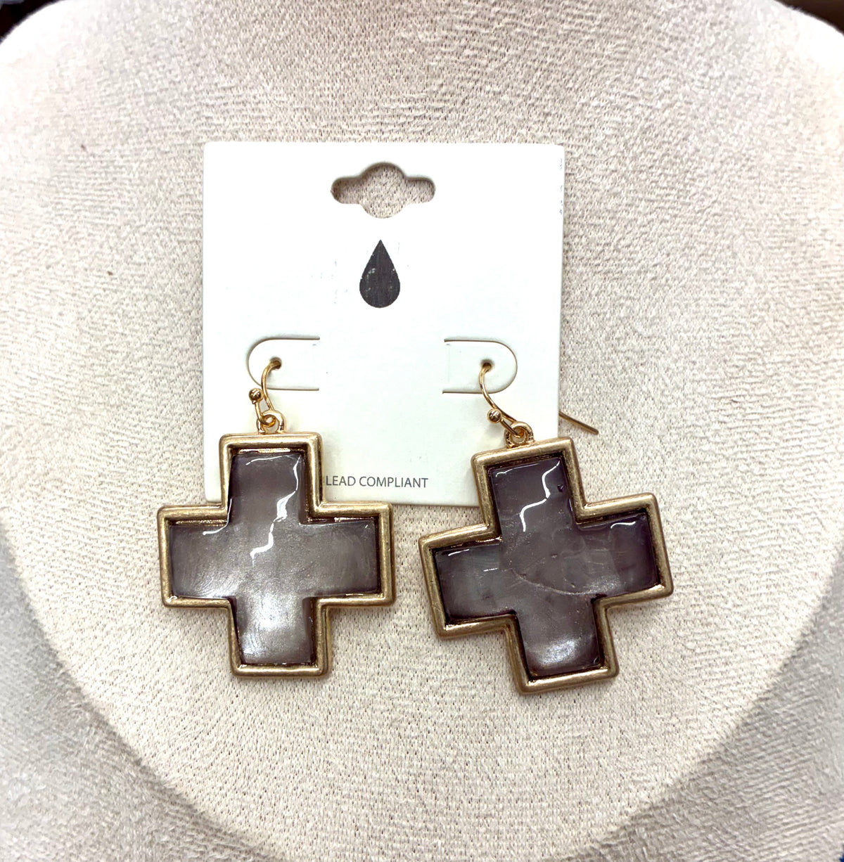 Gold Cross Dangle Earrings with Colored Glass