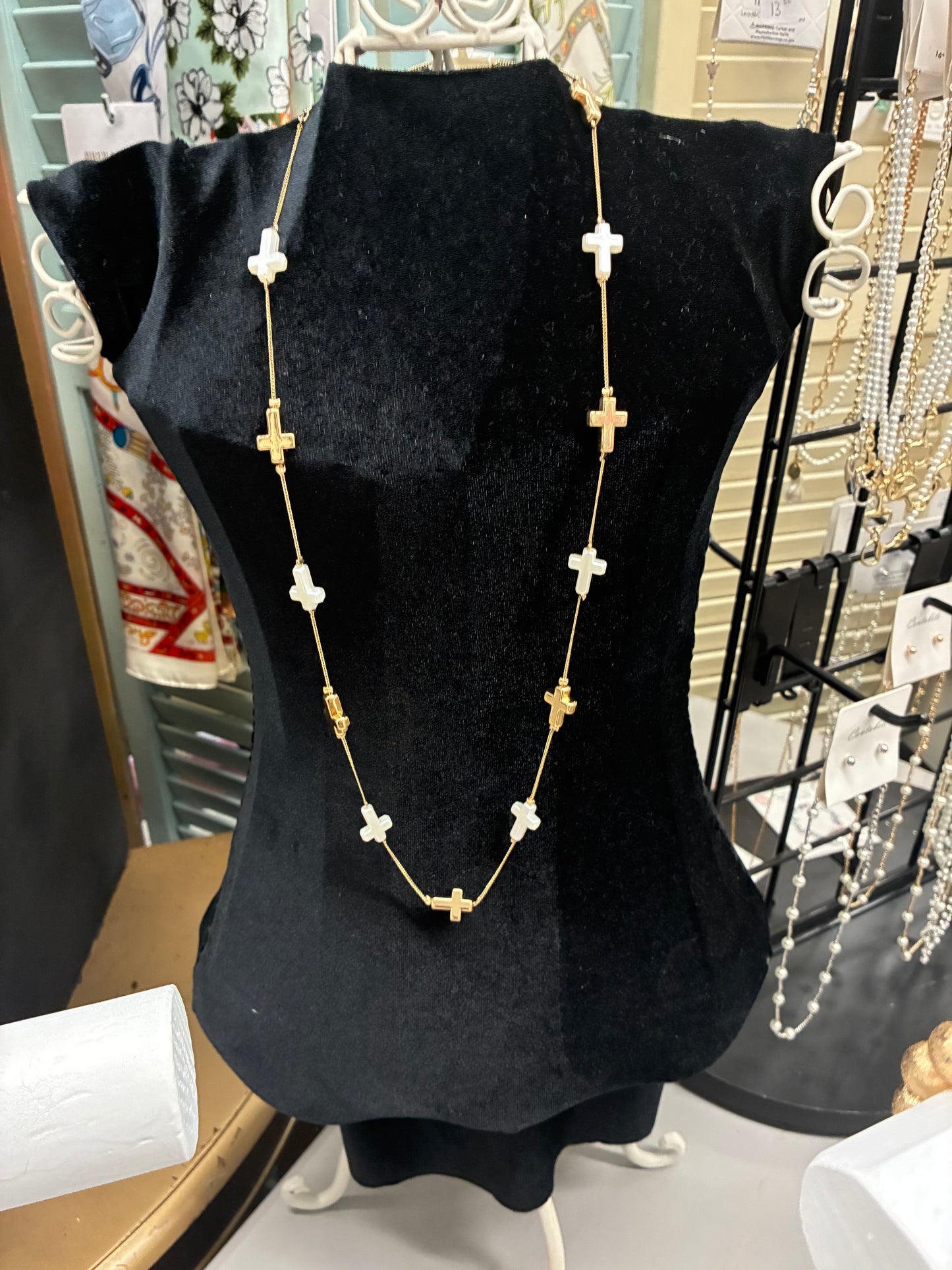 Jane Marie Pearl & Gold Cross Long Necklace